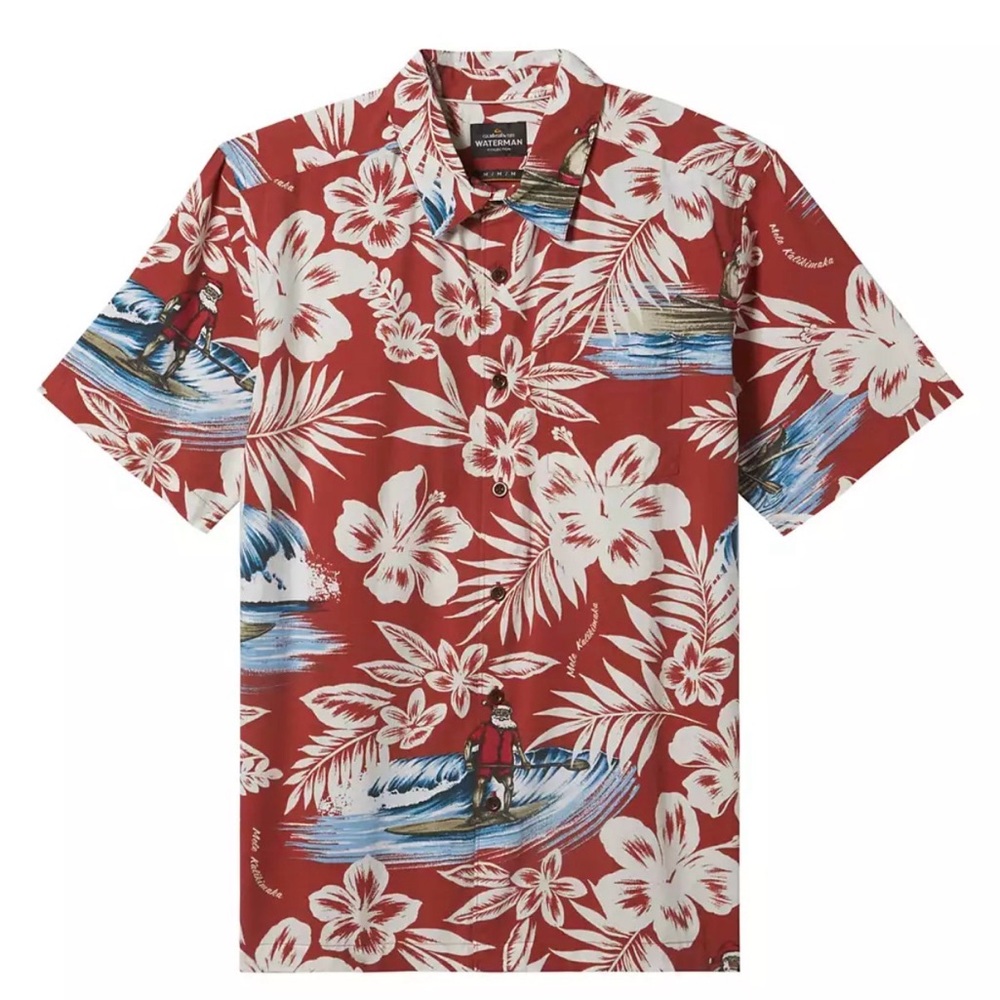 Quiksilver Waterman All Time Pareo Button Down Shirt with Santa surfing size S